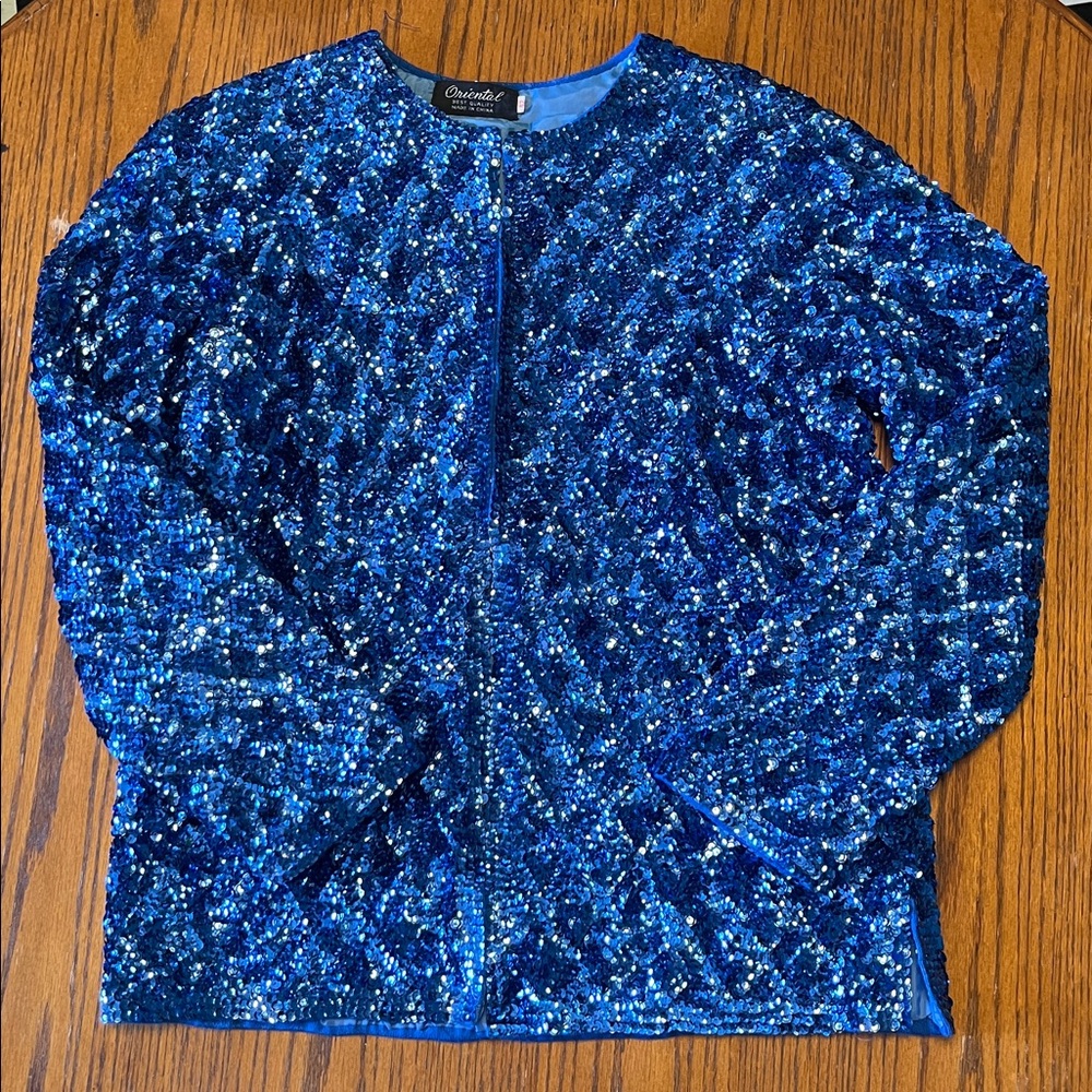SEQUIN ORIGINAL Vintage Hand Beaded Jacket Shoulder Pads Bead Work 42 LARGE